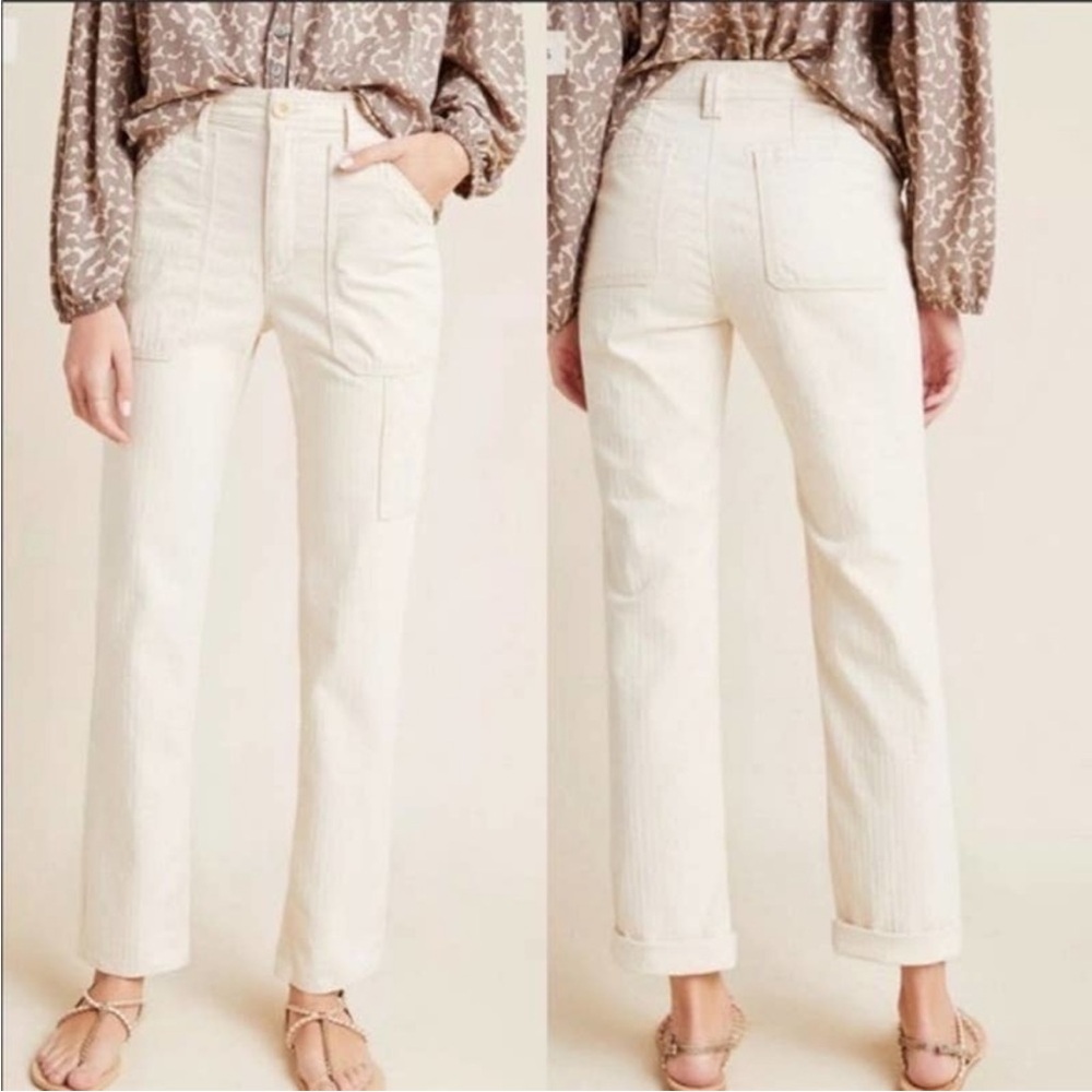 Anthropologie Cream Utility Style Cream Striped Straight Leg Pant Size 30